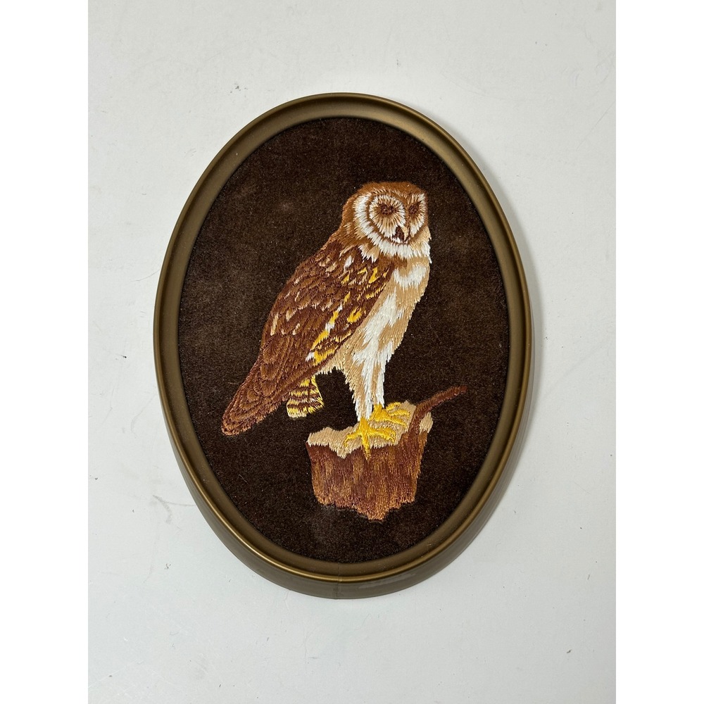Vintage Ecstasy Giftware Embroidered Owl Art Oval Gold Frame Handcrafted Canada